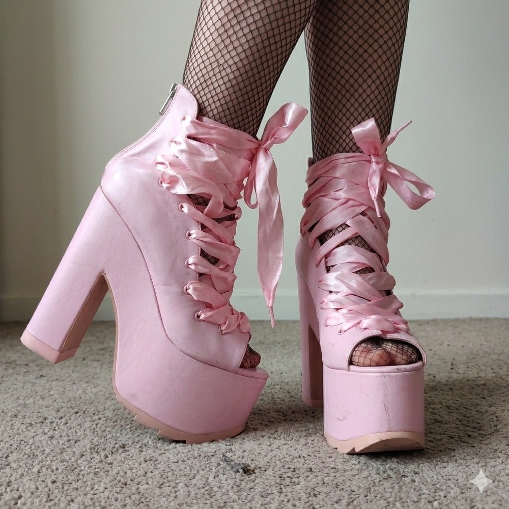 YRU Ballet Bae Pink Platform Heels Womens 9 Pink Satin Ribbon Lace Up Peep Toe